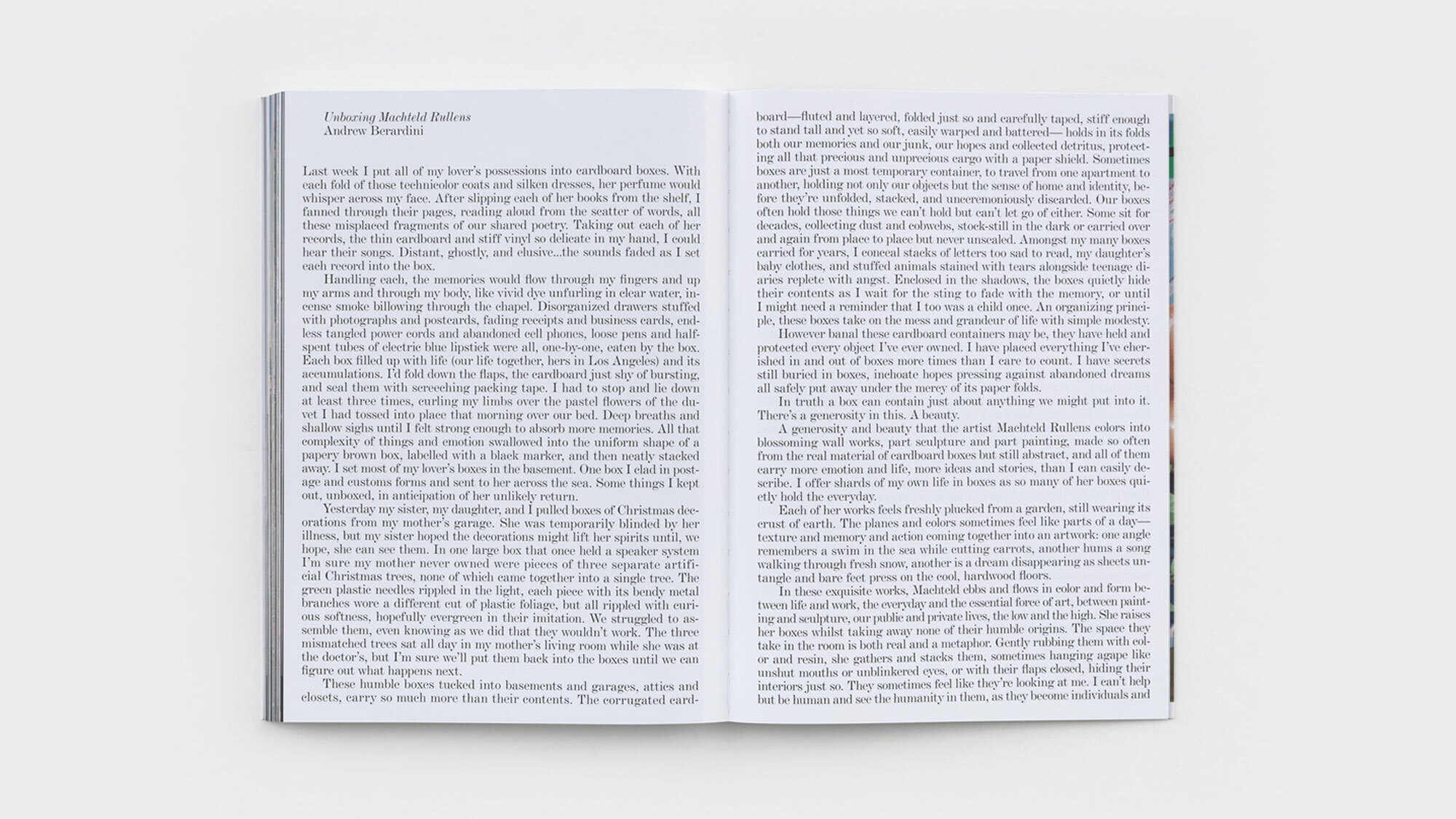 Two full pages of text featuring Andrew Berardini's essay Unboxing Machteld Rullens. The type reaches to all edges of the paper.'