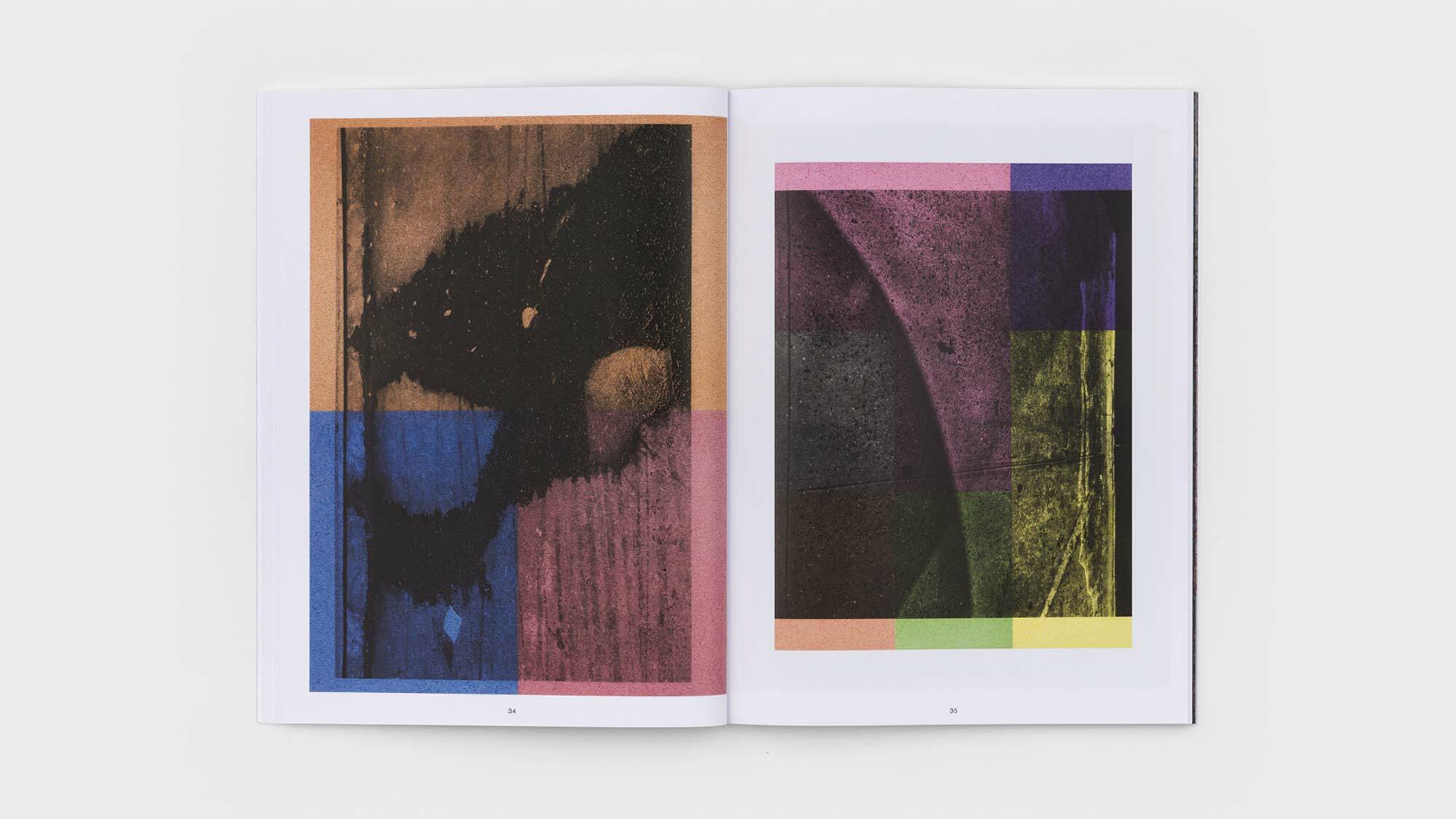 Pages 34 and 35, each adorned with an image of a four-color sponge-painting.