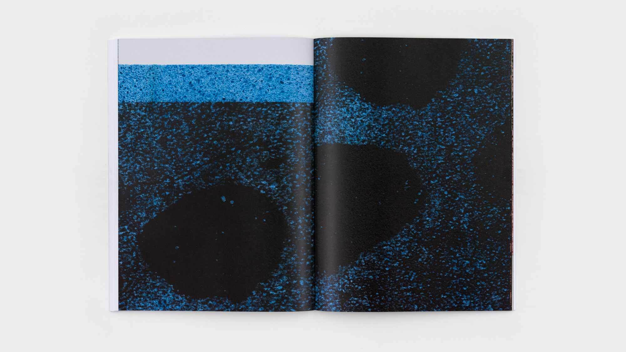 A spread with two detailed images of one of McEwen's inkjet-on-sponge paintings. The teal sponge has a martian surface pocked with craters.