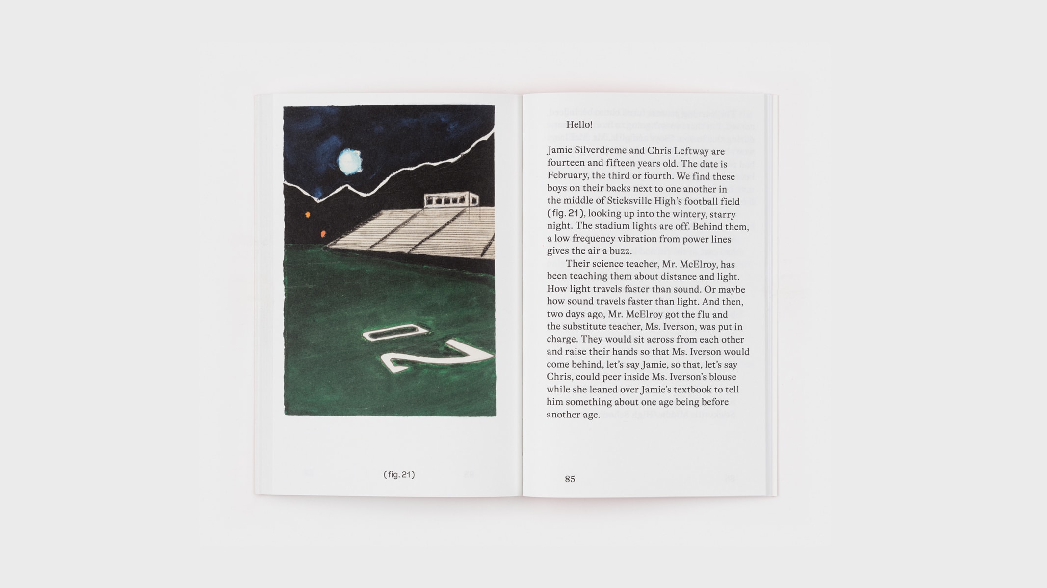The first page of Sticksville's final short story, entitled 'Hello,'' with two paragraphs of text. On the left is the book's twenty-first painting: a football field at nightime as lighting pierces the air.