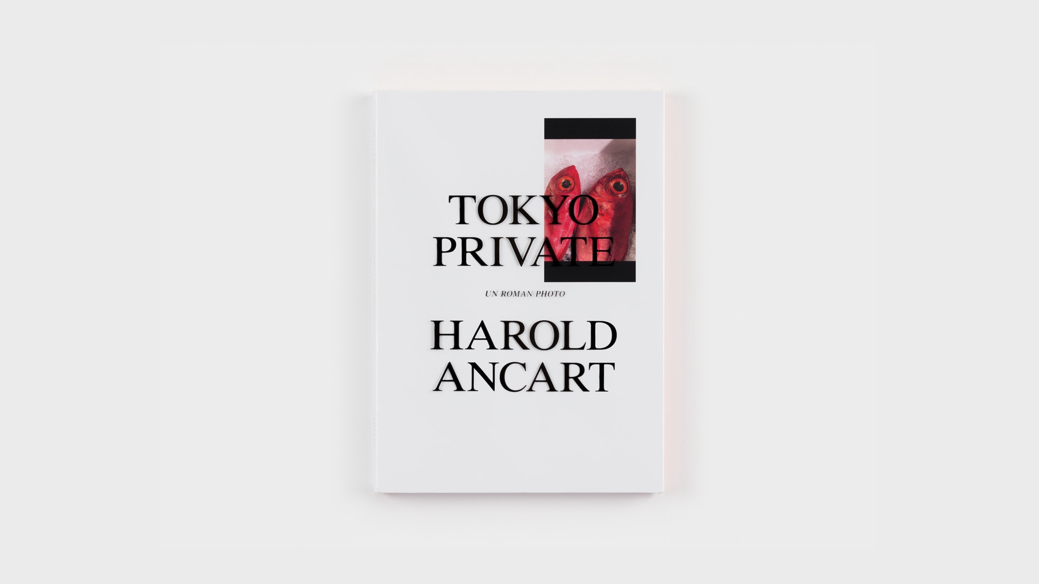 A photograph of the front cover of Harold Ancart's 'Tokyo Private.' The white paper glimmers just slightly. In the right corner, a lone iPhone photo of two small, red fish on ice. 