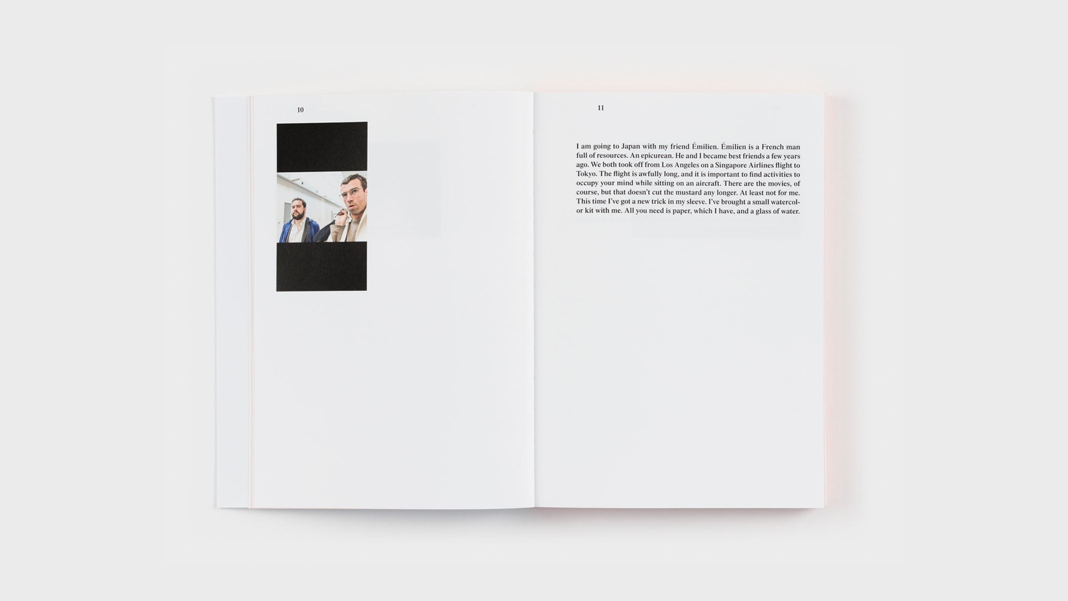 Pages 10 and 11. At left, a selfie of Harold and his friend Emilien at the airport. On the right, a short diary entry running just eight lines of serif text.