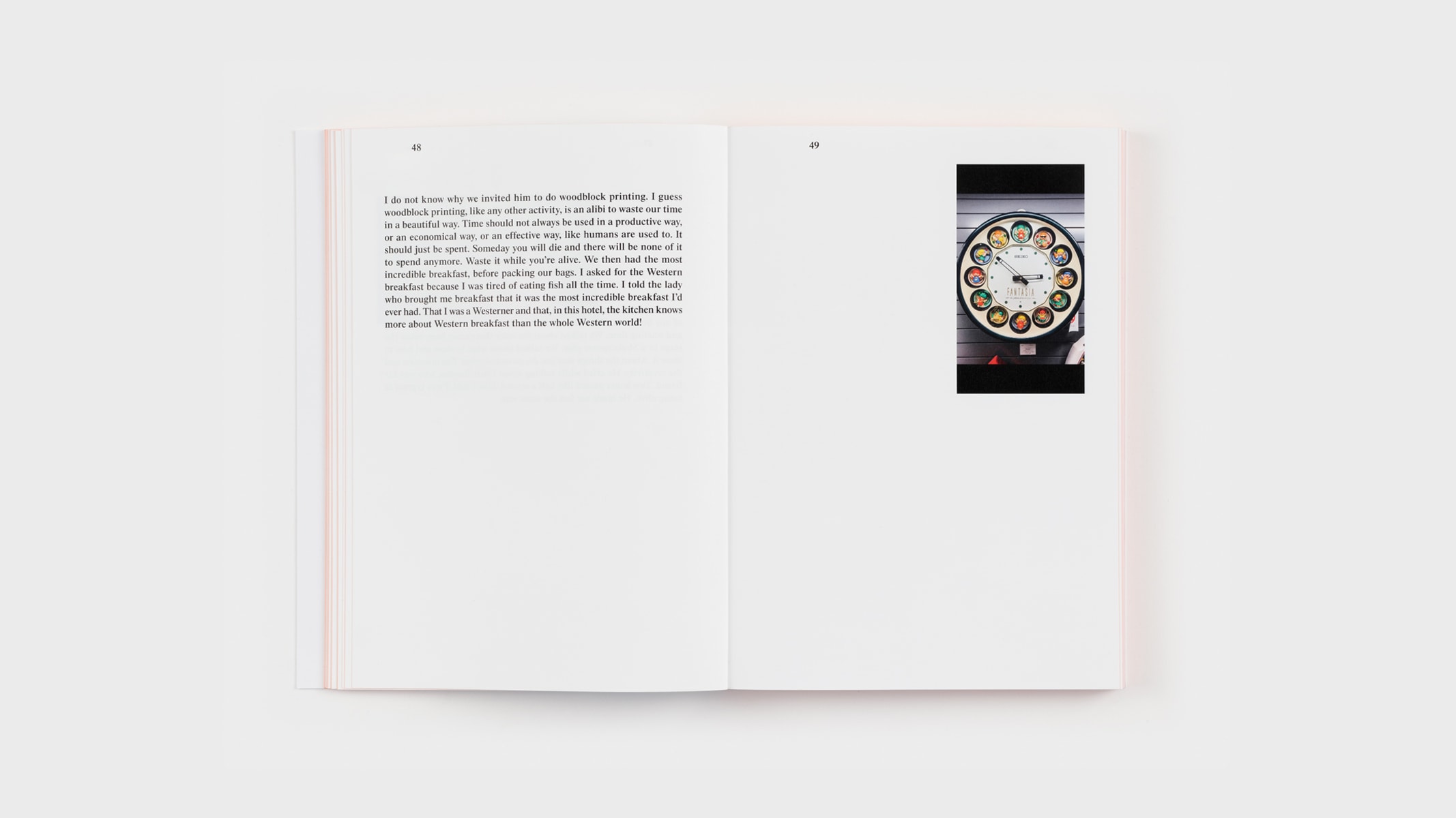 Pages at 48 and 49. Here too, Harold's entry is short, occupying the top third of the left-hand page. On the right lies a photo of a colorful analog clock reading 2:52. 